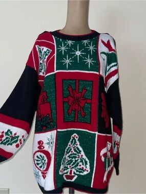 VNTGE tinsel sparkle-Holiday Patchwork Crewneck Sweater soft-cozy